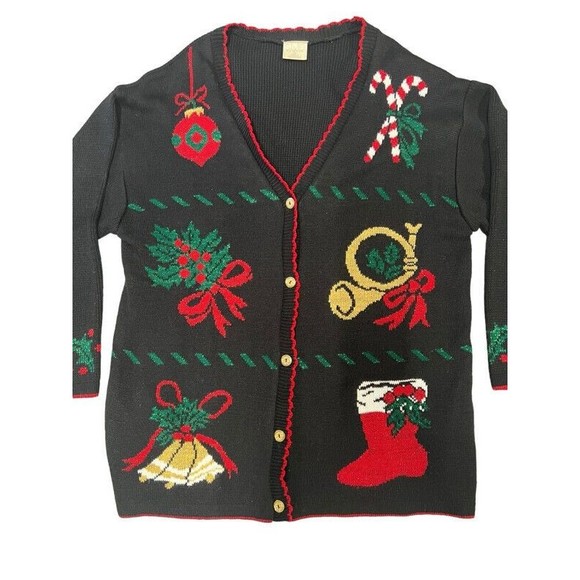 Vintage Style Studio Ugly Christmas Metallic Black Red Gold Cardigan Sweater 1X - Picture 2 of 6